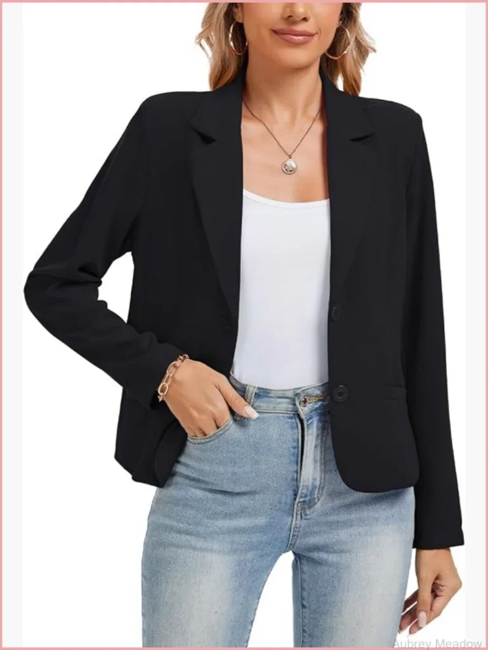 Long Sleeve Notch Lapel Blazer with Padded Shoulders